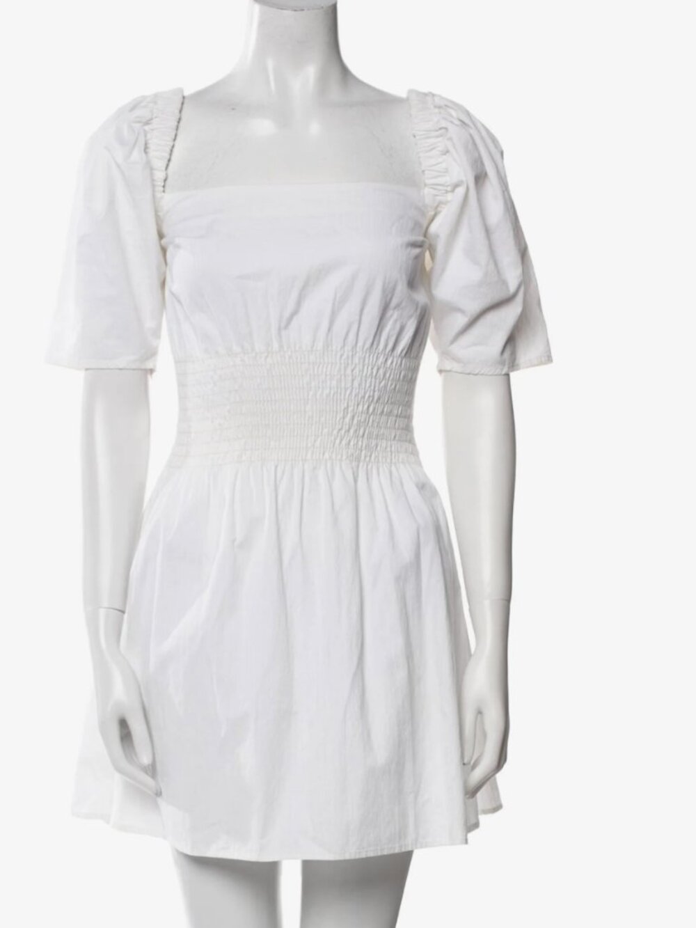 ANNA QUAN White Smocked Waist Cotton Blend Puff Sleeve Mini Dress US 6 AU 10